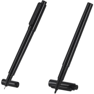 A black pen with a cap and a retractable mechanism, displayed in two positions. It features a sleek design and a logo.