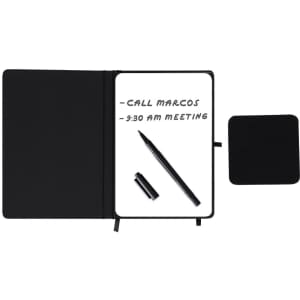 A whiteboard notepad featuring a black cover and a black pen, with notes written on the whiteboard surface.