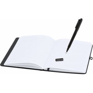 A white notepad with lined pages and a black pen resting on it, inside a black cover.