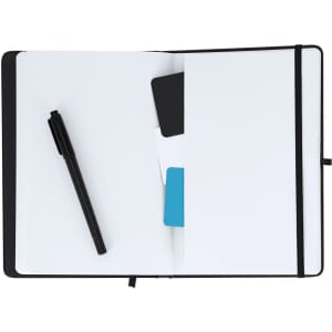 A notepad with a whiteboard surface, black cover, a black pen, and card slots inside.