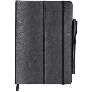 A black notepad with a textured cover, featuring an elastic closure and a pen attached.