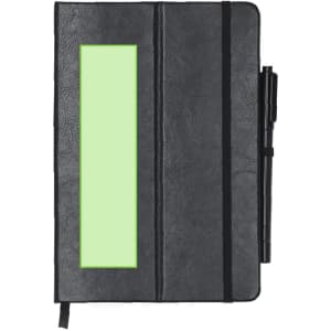 A black notepad with a green whiteboard section, featuring an elastic strap and pen holder. Includes a logo.