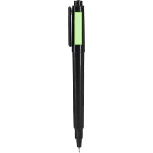 A black pen with a green accent and a clip for easy attachment. It features a ballpoint tip for writing.