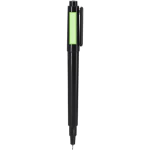 A black pen with a green accent, featuring a clip and a fine-point tip. The pen also has a branding logo.