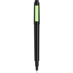A black pen with a green section on the barrel, featuring a fine tip and a sleek design.