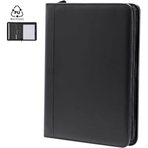 A black folder with a zip closure, featuring pockets for documents and an interior organisational compartment.