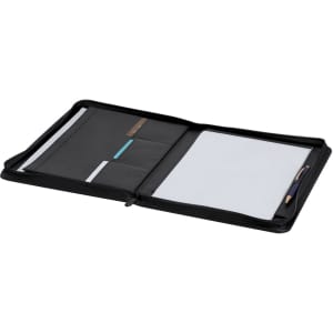 A black folder featuring pockets for documents, a writing pad, and a pen holder. Includes a logo on the cover.