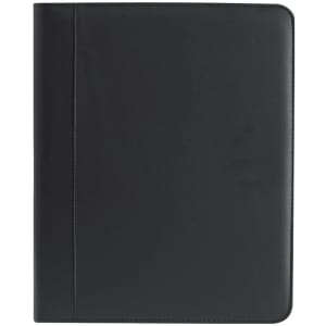A black folder with a smooth surface, featuring a spine and a subtle logo. Designed for office and business use.