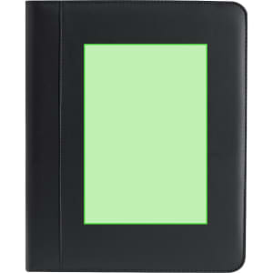 A black folder with a light green opaque insert and a smooth finish. It features a logo on the front.