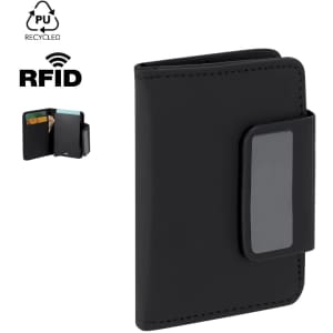 A black business card holder featuring RFID protection and a glossy front panel, with space for cards.