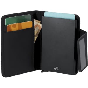 A black RFID business card holder with slots for cards and a pocket for currency. It features an internal logo.