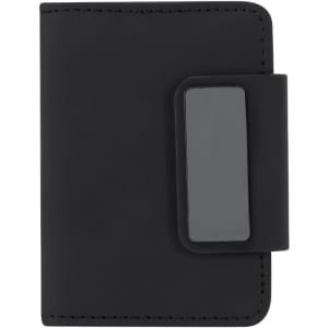 A black business card holder with a sleek design and a magnetic closure. It features a smooth surface and subtle stitching.