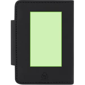 A black Marvans Card Holder with a transparent section for displaying cards, featuring a logo on the back.