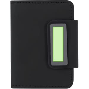 A sleek black card holder with a green accent. It features a secure closure and has a logo on the front.