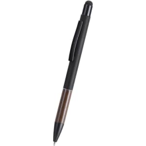 A metal pen featuring a sleek black body with a brown accent and a stylus tip. The pen has a clip and branding.