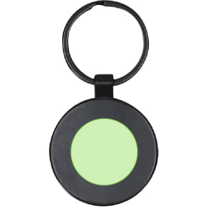 A circular black keychain with a green centre. The keychain includes a metal loop for attachment.