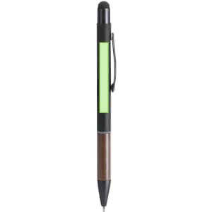 A metal pen with a black body, a brown grip, and a green accent area, featuring a clip and a logo.