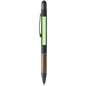A metal pen featuring a black body, wooden accents, and a green section for branding. Includes a clip and stylus tip.