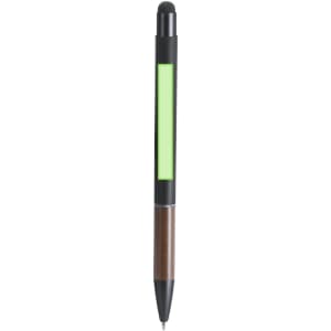 A metal pen featuring a black body, a brown grip, and a green section, complete with a branding logo.