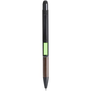 A metal pen with a black upper section and a wooden lower section, featuring a touch screen tip and a small display area.