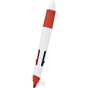 A multicoloured pen featuring red, blue, and white sections, with a pointed tip and visible ink chambers.