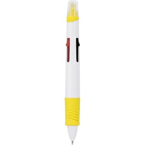 A multicoloured pen featuring red, black, and yellow with a white body and a textured grip. It has a logo visible.