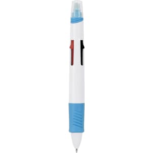 A multicoloured pen featuring red, blue, and black ink with a white and blue body and a logo on the side.