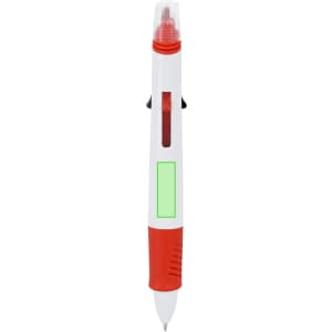 A multicoloured pen featuring red, white, and green elements, with a logo on its body.