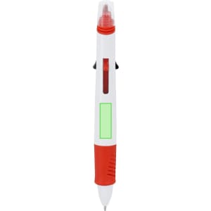 A multicoloured pen featuring red, white, and green colours, with a logo on the side.