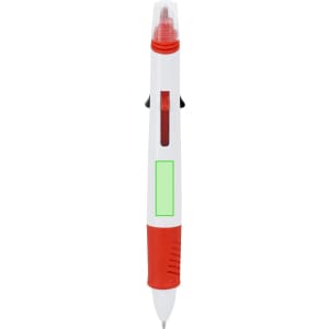 A multicoloured pen featuring red, white, and green elements, with a logo on the surface.
