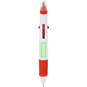 A multicoloured pen featuring red, white, and green sections, with a clip and a logo.