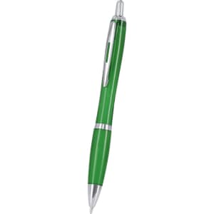 A green plastic pen with a silver clip and tip, featuring a simple design and a logo.