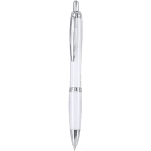 A plastic pen in white with silver accents and a logo on the clip.