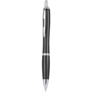 A plastic pen in black with chrome accents, featuring a clip and a smooth barrel design.