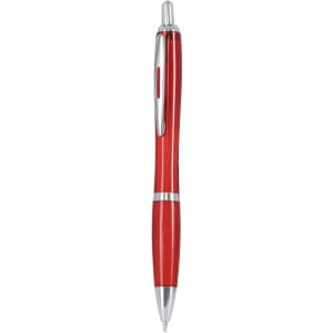 A red plastic pen with a chrome trim and a logo. It features a push mechanism for writing.