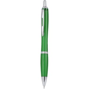 A green plastic pen with silver accents and a clip, featuring a sleek design and a logo.