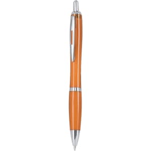 An orange plastic pen with silver accents and a glossy finish, featuring a clip and a ballpoint tip.