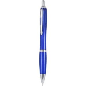 A blue plastic pen with a silver clip and accents, featuring a sleek design and a logo.