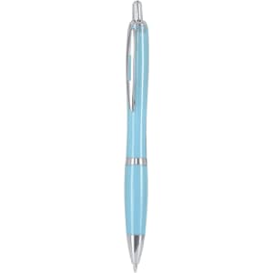 A plastic pen in a bright blue colour with silver accents and a clip. The pen features branding.
