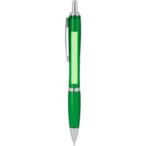A green plastic pen with a silver clip and tip, featuring a transparent section. Includes a logo on the body.