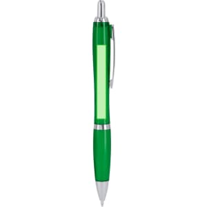 A green plastic pen with a silver clip and detailing, featuring a logo on the barrel.