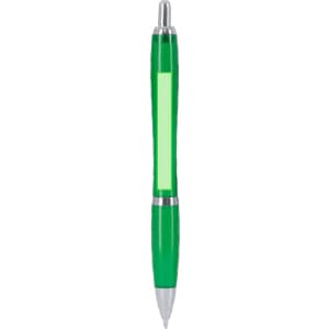 A green plastic pen with a shiny silver trim and a logo on the barrel.