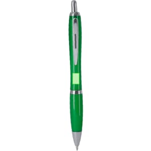 A green plastic pen with a silver clip and trim, featuring a logo on the body.