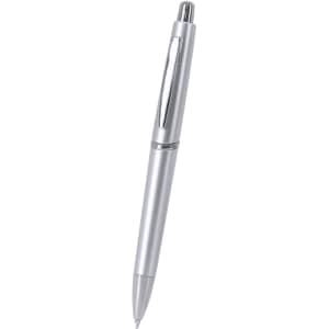 A silver plastic pen with a shiny clip and tip, featuring a branding logo.