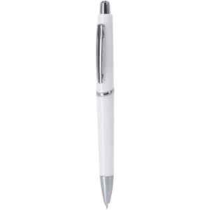 A white plastic pen with a shiny silver clip and tip, featuring a logo on the body.