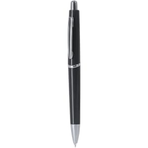 A black plastic pen featuring a silver clip and tip, with a sleek, modern design and a branding logo.