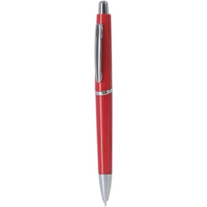 A red plastic pen with a silver clip and tip, featuring branding on the side.