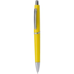 A yellow plastic pen with a chrome clip and tip, featuring a simple, sleek design.