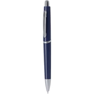 A plastic pen in navy blue with a silver clip and tip, featuring a logo on the barrel.