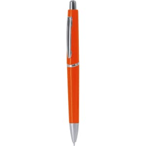 An orange plastic pen with a shiny silver clip and a silver point, featuring a simple design.